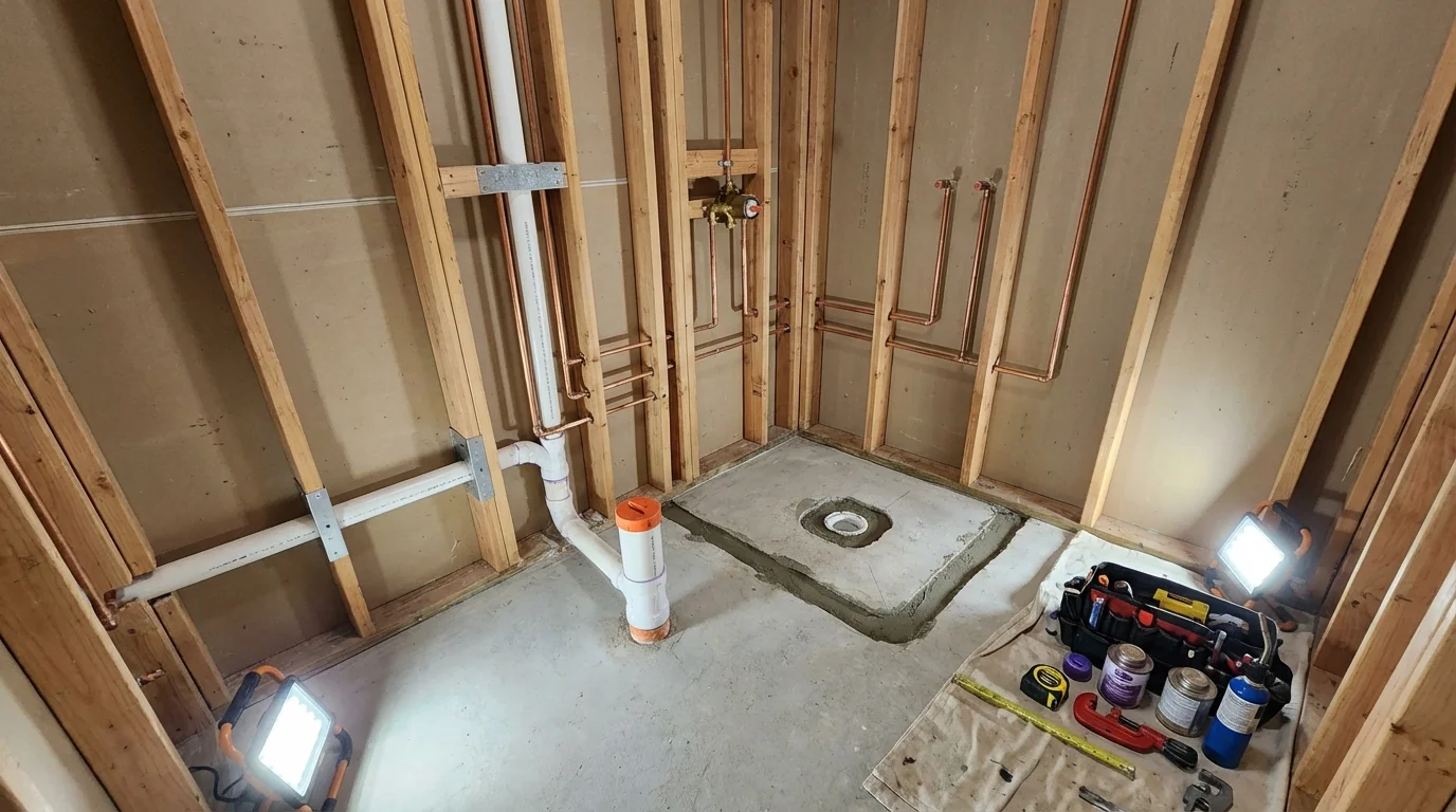 Bathroom rough-in plumbing during remodel by Johns Plumbing LLC in Tehachapi