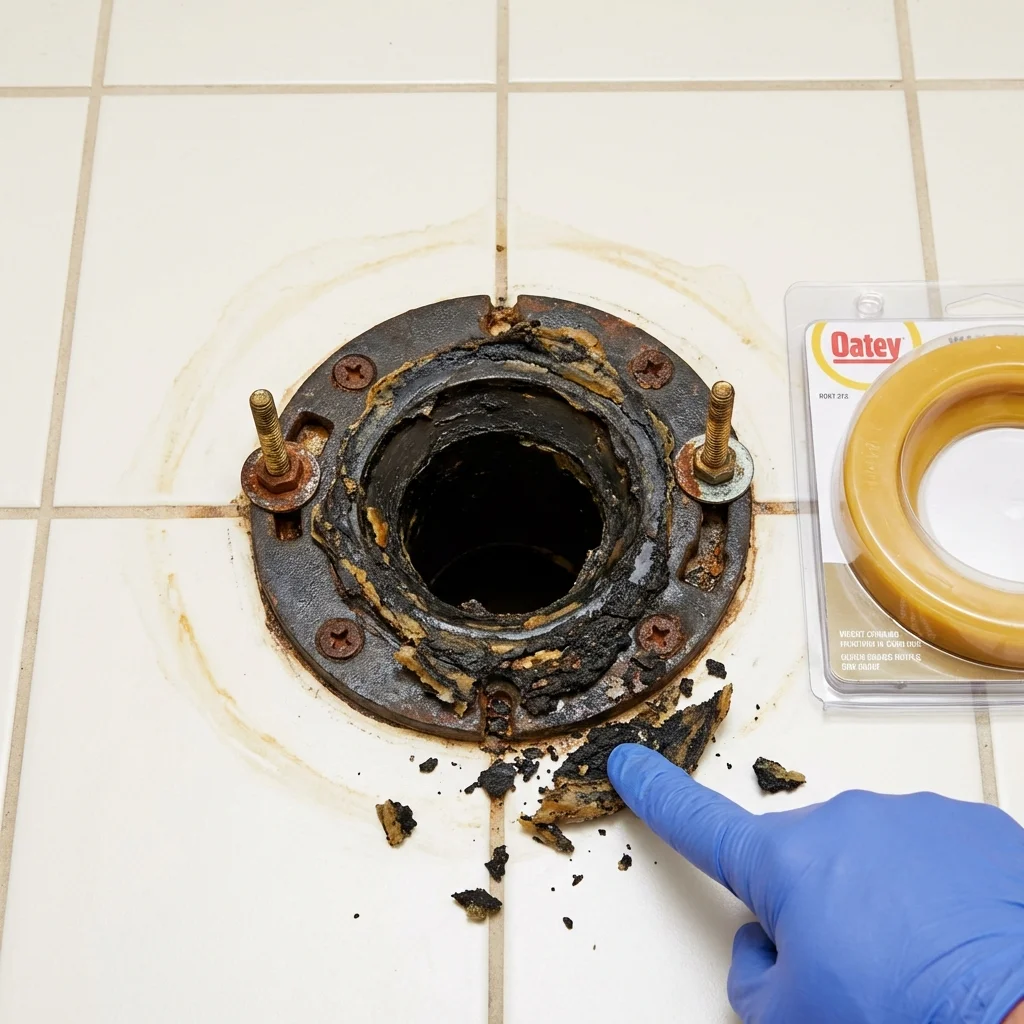 Failed wax ring showing water seepage at the base of a toilet in a Tehachapi, CA home