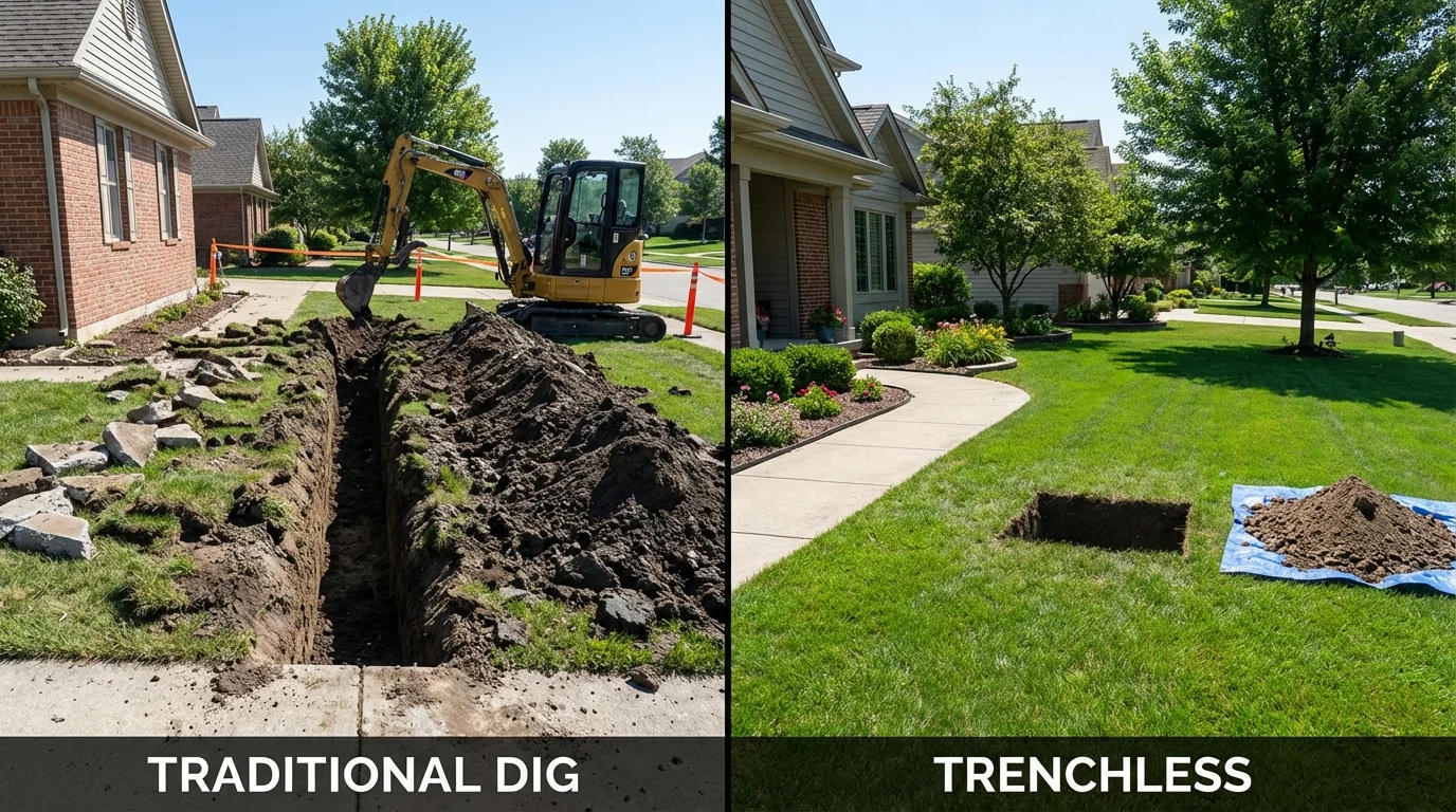 Trenchless sewer repair with minimal yard damage versus traditional excavation in Tehachapi, CA