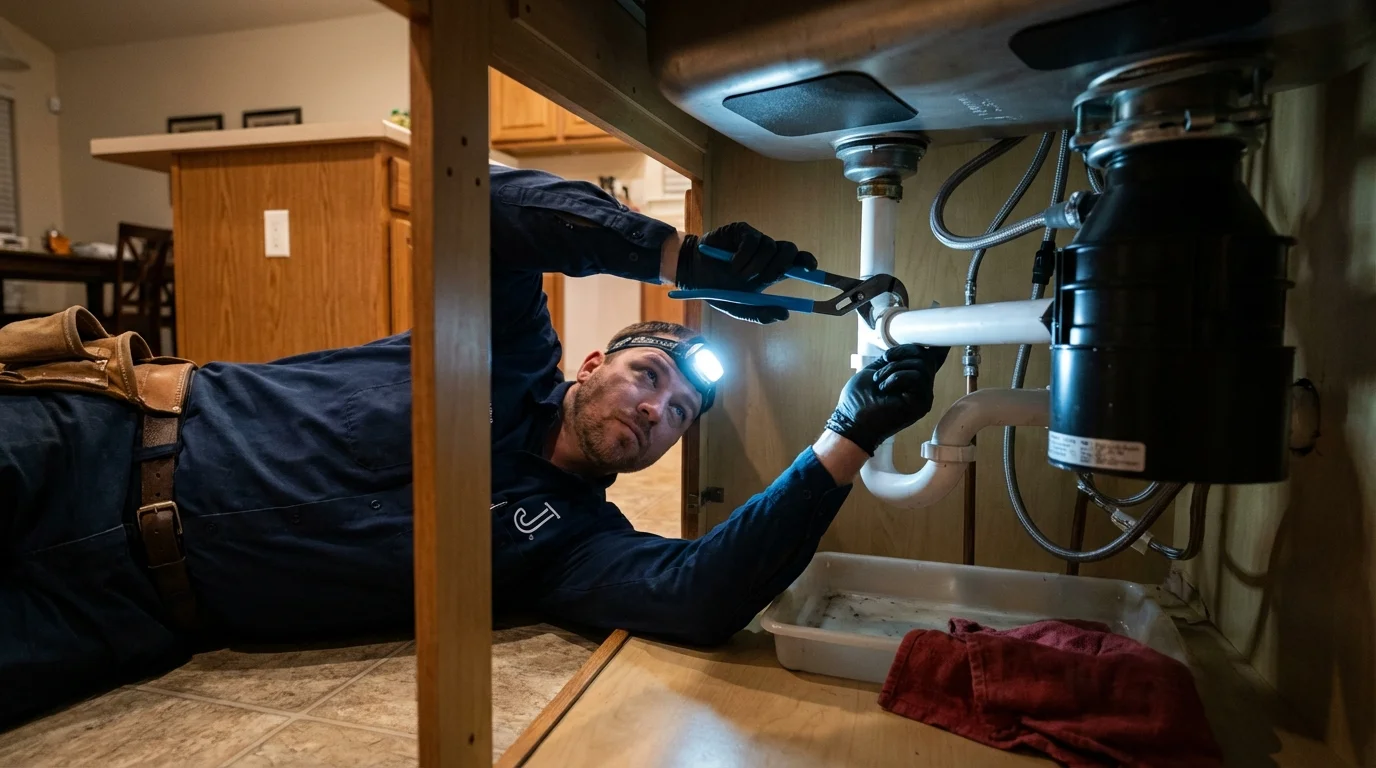 P-trap and supply line connections under a kitchen sink showing a common leak point in Tehachapi, CA